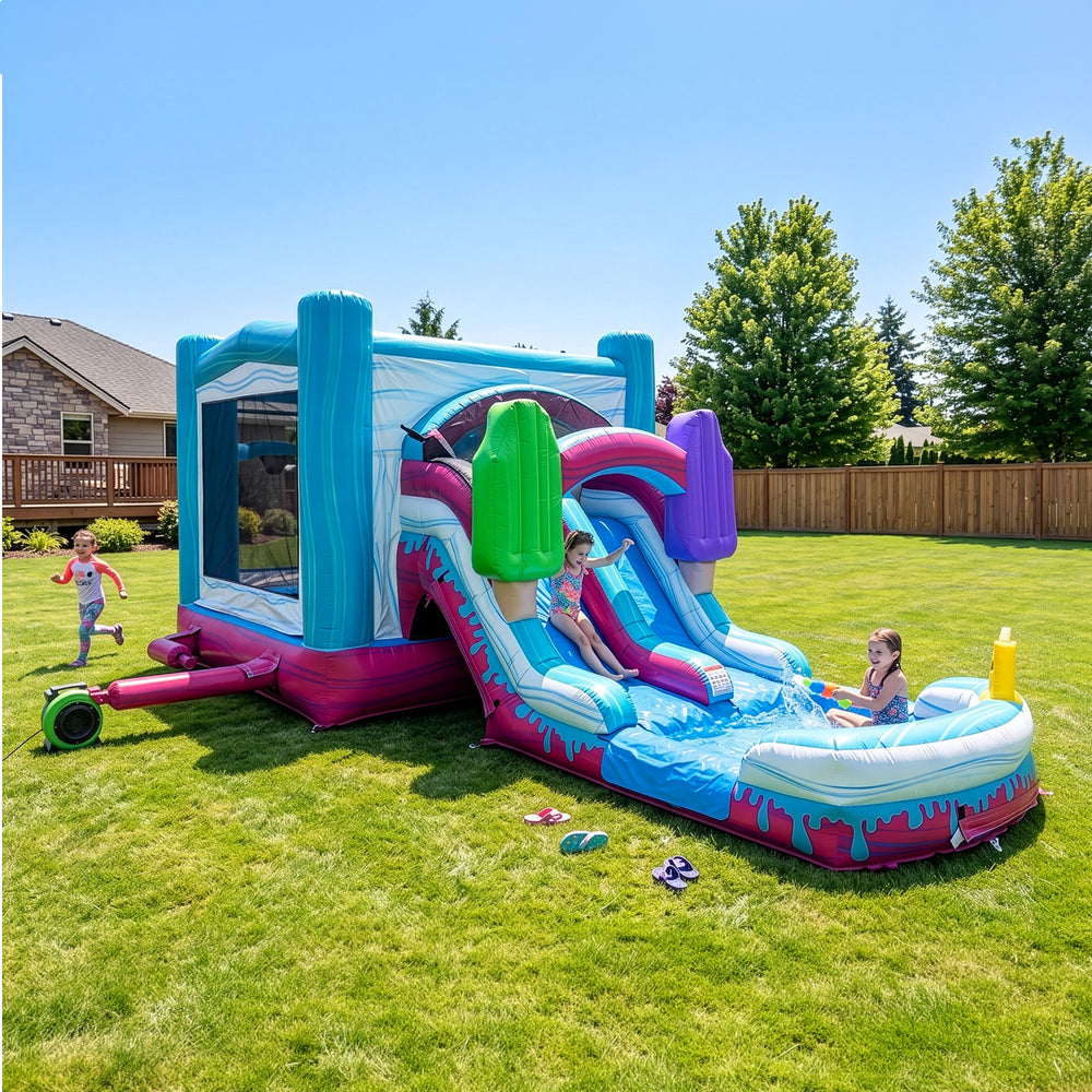 NEW! Pop Splash Dual Lane Combo with Slide & Attached Pool – XJUMP