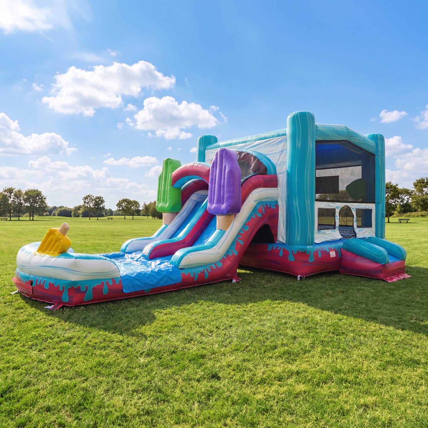 Pop Splash Dual Lane Bounce House Combo with Slide & Attached Pool β commercial inflatable water slide